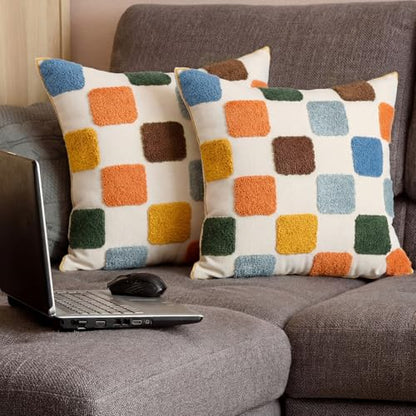 2 Pcs Embroidered Plaid Throw Pillow Cover 18x18 Inches Modern Geometric Tufted Decorative Square Pillow Cover Boho Plaid Cushion Case for Couch Sofa Bedroom Living Room Home Chair Decor - style: Geometric