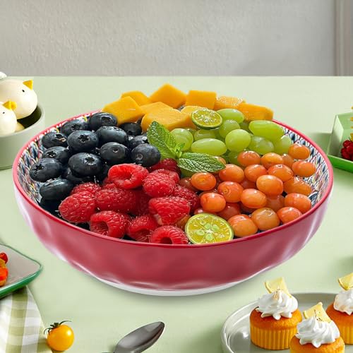 75 Oz Serving Bowls,Bohemian Style Large Porcelain Dishes for Entertaining Parties,Big Bowls for Eating Soup, Salad, Pasta, Fruit, Chips, 10.3 Inch Diameter (blue.red) - color: blue.red