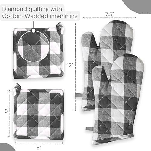 Oven Mitt & Pot Holder Buffalo Plaid Check 100% Cotton Heat Resistant Oven Gloves (7"x13") & Hot Pads (8"x8") Combo for Baking, Cooking - Grey - color: Grey Buffalo Plaid