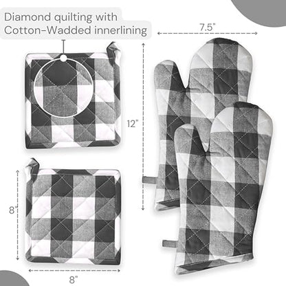 Oven Mitt & Pot Holder Buffalo Plaid Check 100% Cotton Heat Resistant Oven Gloves (7"x13") & Hot Pads (8"x8") Combo for Baking, Cooking - Grey - color: Grey Buffalo Plaid
