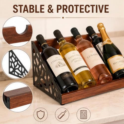 Countertop Wine Rack Display, Wine Bottle Holder, Wood Metal Combination Wine Storage Stand, Hollow Cutout Side Frame Tabletop Wine Organizer Holds 4 Bottles for Kitchen Bar Cabinet