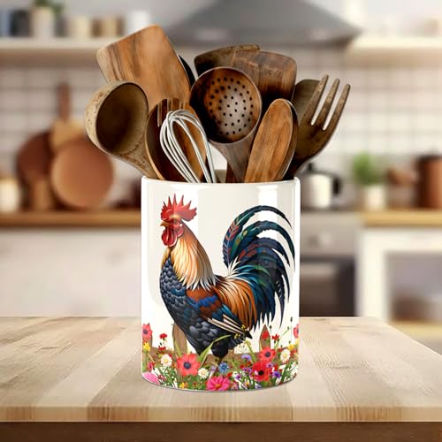 Rooster Kitchen Utensil Holder, Large Ceramic Utensil Holder For For Kitchen Organizer, 6.3'' Cooking Utensil Crocks Farmhouse Decor Countertop Utensil Storage Keep Kitchen Clean - color: Flowers Rooster Chichen