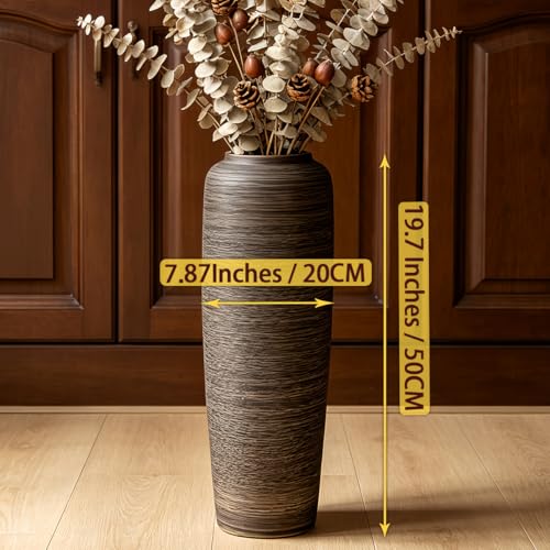 Brown Rustic Ceramic Floor Vase, 19.7 Inch, Ribbed Texture | Living Room, Entryway, Fireplace, Pampas Grass, Dried Branches - size: 19.7 Inch