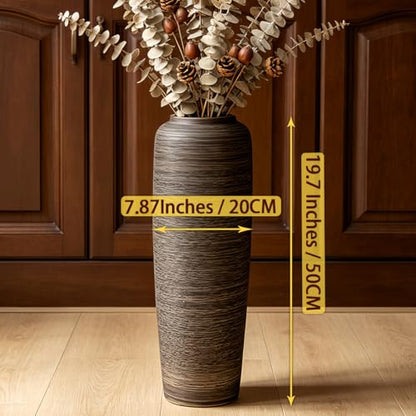 Brown Rustic Ceramic Floor Vase, 19.7 Inch, Ribbed Texture | Living Room, Entryway, Fireplace, Pampas Grass, Dried Branches - size: 19.7 Inch
