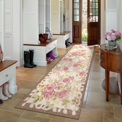Washable 2x8 Runner Rug, Cream Boho Floral Non-Slip for Hallway, Kitchen | Soft Low-Pile Faux Wool Area Rug for Bedroom, Nursery, Bathroom, Laundry, Kid & Pet Friendly, Stain, Fade & Wear Resistant - color: Dusty Pink, Cream and Sage Green, size: 2' x 8'