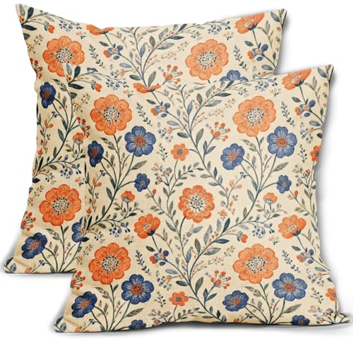 Blue Orange Vintage Floral Pillow Covers 16x16 Inch Set of 2 Spring Farmhouse Wild Flower Pattern Print Decorative Throw Pillowcases Country Neutral Outdoor Cushion Cases Decor for Sofa Couch Bed - color: Blue Orange, size: 16" x 16" (Pack of 2)