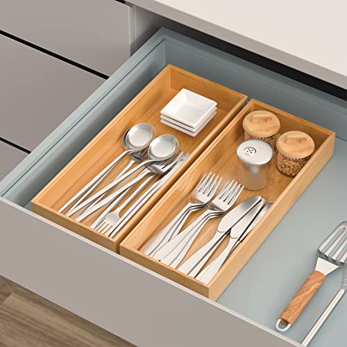 VeyFey Bamboo Drawer Organizer, Stackable Utensil Organizer for Kitchen, Bamboo Storage Box Wood Silverware Tray for Drawer 15" x 6" x 2" Set of 2 - size: 15" x 6" x 2"