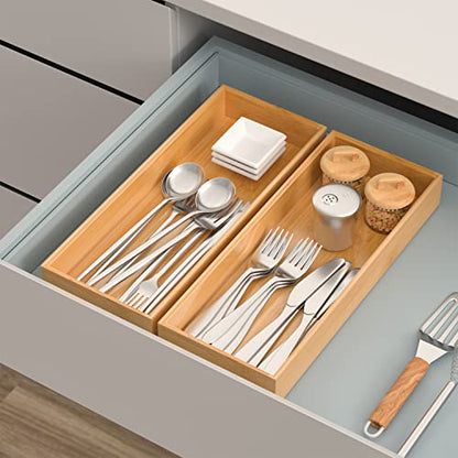 VeyFey Bamboo Drawer Organizer, Stackable Utensil Organizer for Kitchen, Bamboo Storage Box Wood Silverware Tray for Drawer 15" x 6" x 2" Set of 2 - size: 15" x 6" x 2"