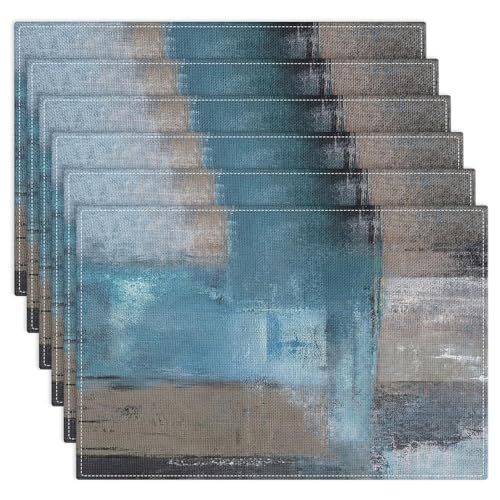Emvency Farmhouse Placemats Set of 6, 12x18 Inch, Coastal Teal Blue | Farmhouse Modern Art Painting Table Mats for Outdoor Home Party Kitchen Dining Decoration - color: Abstract Blue Grey, size: Set of 6