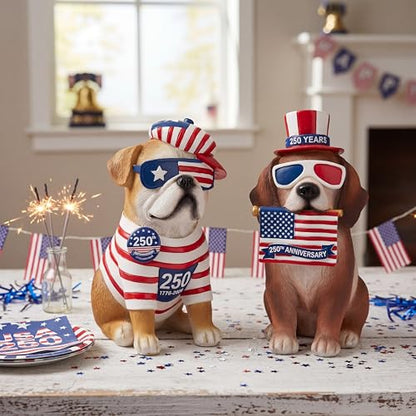 Wesiti 2 Pcs 250th Anniversary Puppy Dog Figurines Decor, 4th of July | Patriotic Stars Stripes Flag Dog Resin Statue, Red White and Blue Decorations, Home Garden Kitchen Office Table - style: Dog