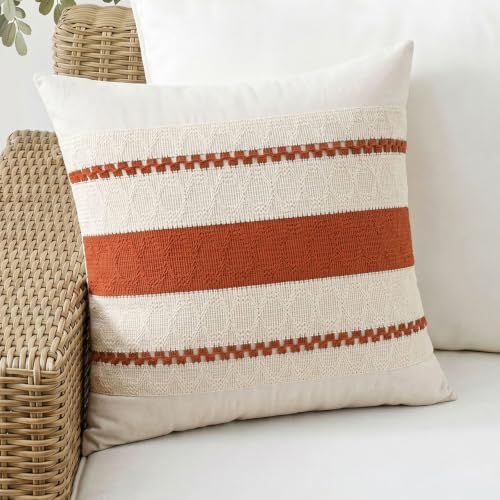 Fancy Homi Set of 1 Boho Burnt Orange Decorative Throw Pillow Cover 16x16 Inch for Couch Bed Sofa, Aesthetic Modern Organic Farmhouse Home Decor, Soft Cotton Cute Accent Macrame Woven Cushion Case - color: Burnt Orange, size: 16" x 16" (Pack of 1)