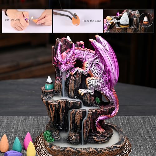 Dragon Backflow 2 Sided Mountain Waterfall Incense Burner,Fountain Smoke Incense Holder with Backflow Incense Cones, Tweezers, Mat，Resin Aromatherapy Meditationvaiuk (Purple) - color: Purple