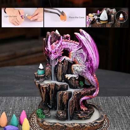 Dragon Backflow 2 Sided Mountain Waterfall Incense Burner,Fountain Smoke Incense Holder with Backflow Incense Cones, Tweezers, Mat，Resin Aromatherapy Meditationvaiuk (Purple) - color: Purple