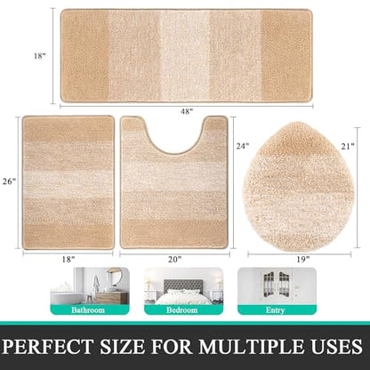 Bsmathom Bathroom Rug Set 4 Piece, Plush Microfiber Bath Mat, Beige | Extra Water Absorbent, Non Slip Washable Runner Bath Rugs with Toilet Lid Cover and U-shaped Contour Toilet Mat - color: Beige, size: 18"x26"+18"x48"+U20"x24"+Cover19"x21"
