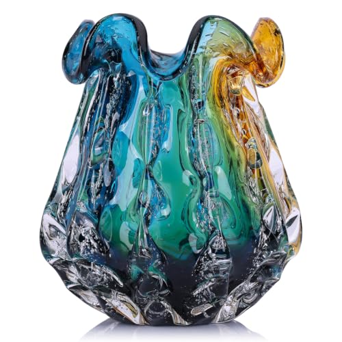 9.9" Tall Large Clear Glass Vase Wide Mouth, Pretty Hand Blown Glass Vase for Bouquet, Unique Teal and Amber Sea Vases for Modern High End Living Room, Office, Dining Table Centerpieces - size: Medium