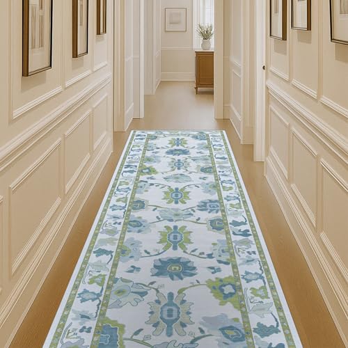 Fame Living Green Oushak Rug, Vintage Turkish Eclectic Floral Pastel Large Oversized Area Rugs for Living Room Dining Bedroom Kitchen Bathroom (55 CGRN, 2'5'' x 6'6) - color: Cream Green, size: 2'6" x 6'6" (Rectangular)