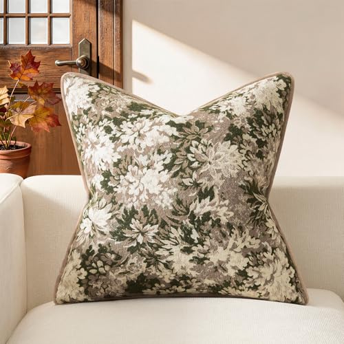 Kevin Textile Neutral Vintage Floral 18x18 Inch Pillow Cover 1 Pack, Green | Soft Neutral Retro Flowers Embroidered Texture Lumbar Pillow Cover Accent Decorative Pillowcase for Couch Sofa Chair Bed - color: Green, size: 18" x 18" (Pack of 1)