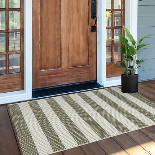 Striped Rug 24"x51" Front Door Mat Outdoor Doormat Outside Porch Decor | Door Mat Outside Entrance Woven Washable Porch Rug Cotton Indoor Outdoor Rug Small Checkered Rugs for Kitchen Entryway Patio - color: Green/Tan/White, size: 2' x 4'3" (Rectangular)