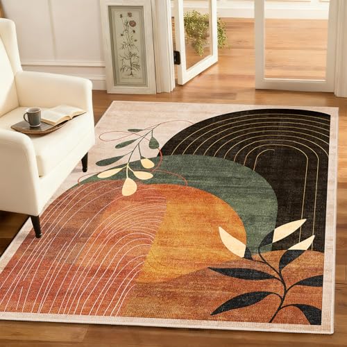 3x5 Washable Rugs Boho Area Rug Low Pile Non Slip Mid Century Modern | Small Throw Carpet for Bedroom Entryway Living Room Office Bedside Entry Indoor Boho Abstract Retro Terracotta Rust - color: Terracotta（modern）, size: 3' x 5' (Rectangular)