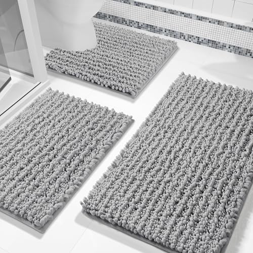 Yimobra Bathroom Rug Set 3 Piece - Super Absorbent Quick Dry Chenille Bath Mats & Toilet Rug, Non Slip Machine Washable, Extra Thick Shaggy Floor Mat for Shower Tub Sink, Grey - color: Grey, size: 24"x17" + 24"x20" + 30"x20"