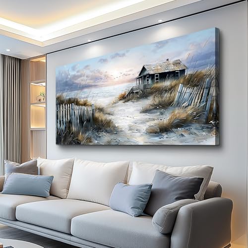 Lapremoly Abstract Canvas Wall Art for Living Room Rustic Landscape Painting for Bedroom Modern Farmhouse Wall Decoration Nature Beach Coastal Seascape Artwork for Kitchen Office Large Home Decor - color: Seaside Wooden House, size: 48"L x 24"W