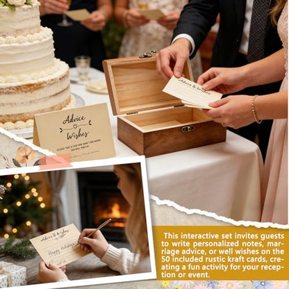 Wooden Advice & Wishes Memory Box with 50 Pcs Kraft Tan Cards for Wedding - Bridal Shower Guest Book Alternative- Versatile Keepsake for Newlyweds, Baby Shower, Graduation & Birthday Party ﻿ (Set) - color: Set