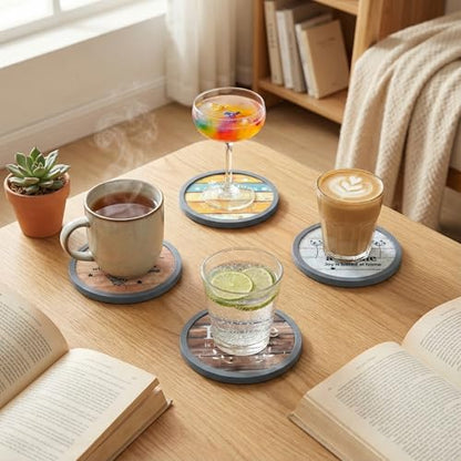 Absorbent Coasters for Drinks with Holder, Set of 6 Farmhouse Coasters, Silicone Coaster with Soft Felt Insert, Round, Housewarming Gifts - color: Farmhouse Style-02