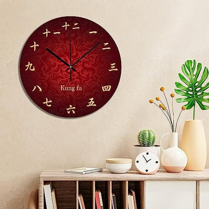 Chinese Calligraphy Kong Fu Wall Clock 10x10 Inch Bedroom PVC Wall Clock Silent Non-Ticking Battery Operated Rustic Wall Hanging PVC Wall Clocks for Farmhouse Office Classroom - color: Style-7, size: 10x10in（black）