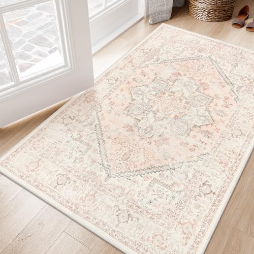LIVEBOX Pink Carpet 3x5 - Oriental Floral Non-Slip Indoor Rug for Kitchen Entrance, Faux Wool Front Door Mat, Pet Friendly Accent Throw Rug for Bedroom Entry Foyer Laundry Room, Pink - color: Medallion Pink, size: 3' x 5' (Rectangular)