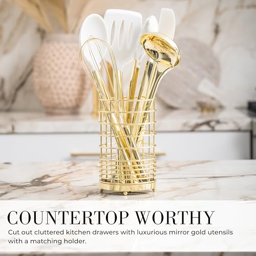 Styled Settings White and Gold Kitchen Utensils, 7-Piece | Nonstick Silicone Cooking Utensils Set with Gold Utensil Holder, White and Gold Kitchen Accessories for Modern Kitchens - color: White and Gold
