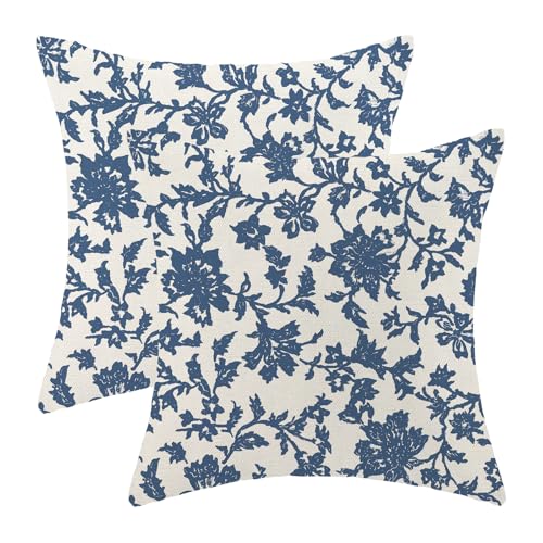Floral Pillow Covers 18x18 Inch Set of 2 Block Print Blue Flower Throw Pillow Covers Outdoor Decor Boho Vintage Flower Decoration Pillowcase Farmhouse Decorative Cushion Cover for Home Sofa - color: Blue Floral-block Print, size: 18" x 18" (Pack of 2)