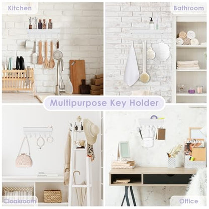 VIS'V Key Holder Wall Mount, Adhesive Key Rack with Tray, 6 Hooks, White | 2 Mount Options, Compact Discreet Design, Suitable for Entryway, Hallway, Doorway, Kitchen, Garage, Camper - color: White