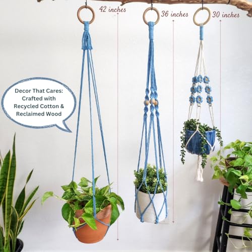 Set of 3 Macrame plant hangers with Daisies & Beads Hanging plant holder Macrame Plant hangers outdoor and indoor hanging planters Plant stand indoor Boho Decor hanging planter stand (Cloudy Day)