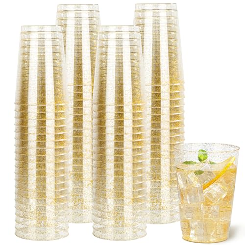 I00000 50 Pack 12 oz Gold Glitter Cups, Premium Clear Disposable Gold Cups | Gold Plastic Wine Glasses, Cocktail Glasses, Heavy Duty, Elegant Glitter Plastic Tumblers for Birthday, Wedding & Party - color: Glitter-12oz-50