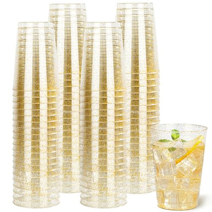 I00000 50 Pack 12 oz Gold Glitter Cups, Premium Clear Disposable Gold Cups | Gold Plastic Wine Glasses, Cocktail Glasses, Heavy Duty, Elegant Glitter Plastic Tumblers for Birthday, Wedding & Party - color: Glitter-12oz-50