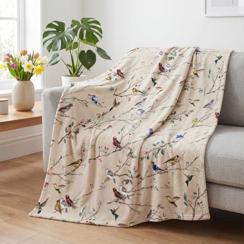 Horaldaily Spring Summer Birds Branch Biege Flannel Throw Blanket 60x80 | All Season Using Ultra Soft Fuzzy Plush Cozy Non-shedding Blanket for Couch Sofa Bed Camping, Ideal Gift for Kids Adults - color: Beige, size: Twin(60x80”)