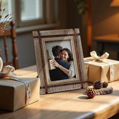 Afuly 5x7 Picture Frames Set of 2 Rustic Wood Farmhouse Unique Photo Frame | Distressed Western with Real Glass & Hemp Rope, Wall and Tabletop, Home Decor Birthday Gifts for Mom Dad Friends - size: 5x7