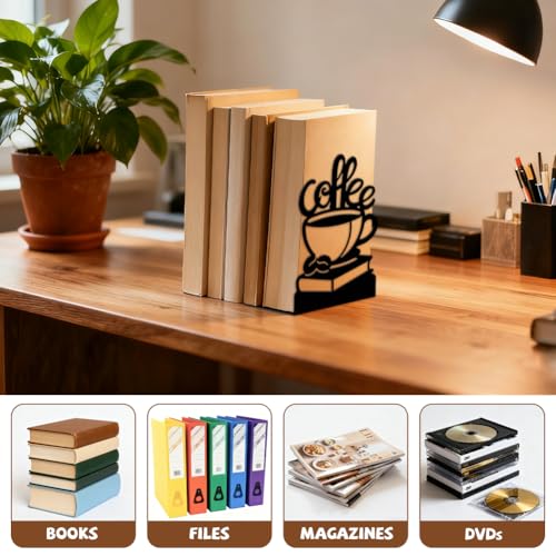 5.3"x4.3"x7.9" Metal Bookends, Heavy Duty Book Ends for Shelves | Coffee Beans and Books Theme Cast Iron Book Supports, 1 Pair Decor Stoppers for Desk, Library, Office & Home Shelves - style: Coffee Beans and Books