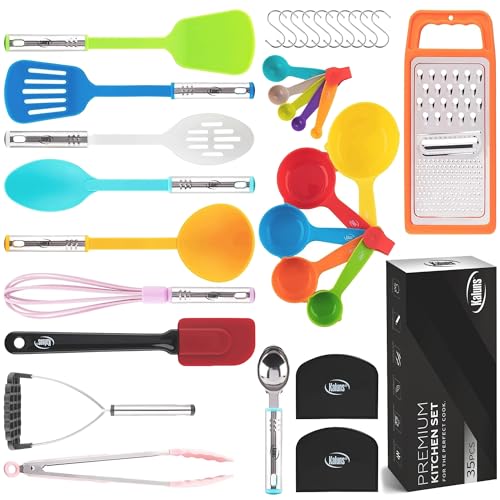 Kitchen Utensils Set 35 PCS Cooking Utensils Set, Nonstick and Heat Resistant Nylon Stainless Steel Silicone Spatula Set - Kitchen Gadgets Home Essentials Kitchen Accessories, Apartment Must Haves - color: Multicolor