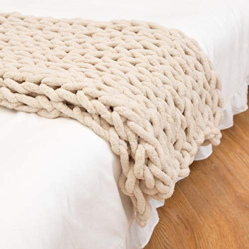 Handmade Chunky Knit Blanket Beige, Knitted Blankets Chunky Soft Cozy Chenille Casual 6CM Wide Knitted Warm Knitting Throw for Bedroom Decor Chair Sofa Pet Mat-40x80inch - color: Beige, size: 40x80inch