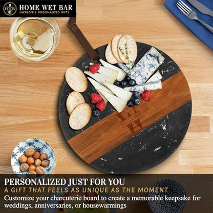 HomeWetBar Personalized Charcuterie Board | Custom 12" Round Black Marble & Acacia Wood Cheese Board | Perfect Housewarming + Wedding + Couples Gift Idea - style: Winslow Round Black Marble Board