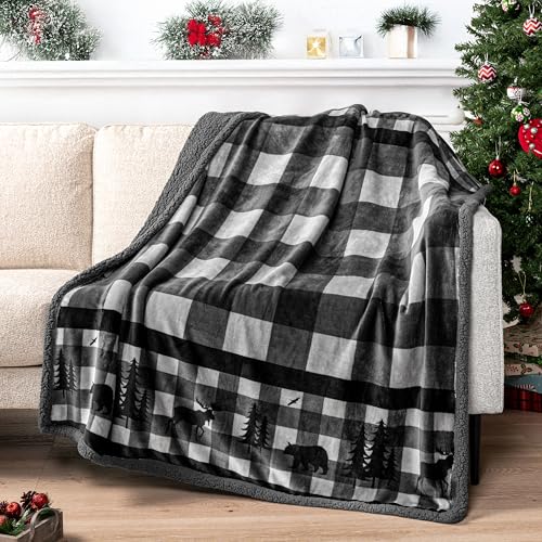 PAVILIA Winter Cabin Sherpa Throw Blanket, Soft Fleece Cozy Grey Christmas Reversible Blanket 50"x60", Warm Plush Rustic Plaid Throw for Couch, Bed, for Family, Friends - color: Grey, size: 50 x 60 Inches - Throw