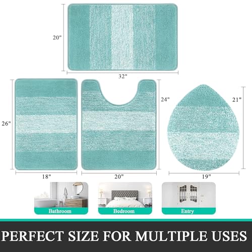 Bsmathom Bathroom Rug Set 4 Piece, Plush Microfiber Bath Mat, Teal | Super Water Absorbent, Non Slip Machine Washable Bath Rug Sets with Toilet Lid Cover and U-shaped Contour Toilet Mat - color: Teal, size: 18"x26"+20"x31"+U20"x24"+Cover19"x21"