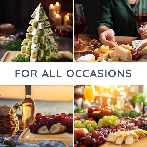 CUQOO Oak Wooden Cheese Board Set with 4 Knives Slide Out Drawer – Large Cheese Platter Cutting for Cracker and Meat | Wooden Serving Plate Tray | Unique Housewarming Gift for Christmas & Birthday