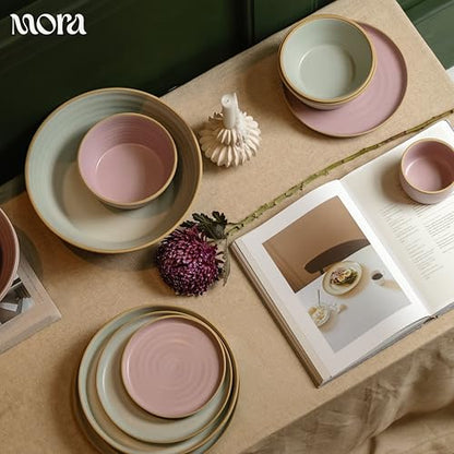 MORA Medium Plates Set of 4, 8.5 inch Ceramic Pottery Salad Plates - Microwave, Oven and Dishwasher Safe - Dawn - color: Dawn