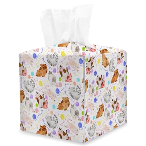 Cats and Paw Tissue Box Cover Square, Cat Lover Gifts Watercolor Kitten Cube Tissue Box Holder, Tabletop Decor Leather Facial Paper Organizer Dispenser for Bathroom Home Car Night Stand Living Room/05 - color: Cats