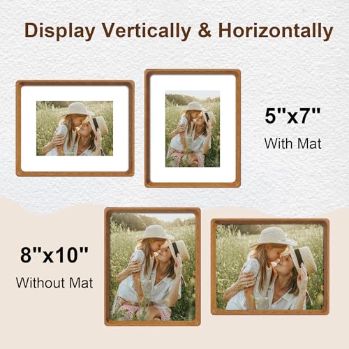 8x10 Picture Frame Set of 2, Natural Teak Wood Solid Wood 8 by 10 Photo Frames with 5x7 Mat with Real Glass for Wall and Tabletop Display - color: Natural Teak, size: 8x10-2Pack