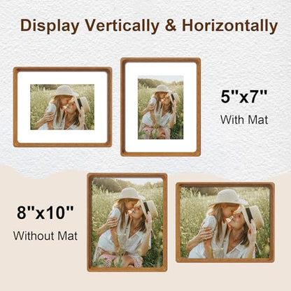 8x10 Picture Frame Set of 2, Natural Teak Wood Solid Wood 8 by 10 Photo Frames with 5x7 Mat with Real Glass for Wall and Tabletop Display - color: Natural Teak, size: 8x10-2Pack