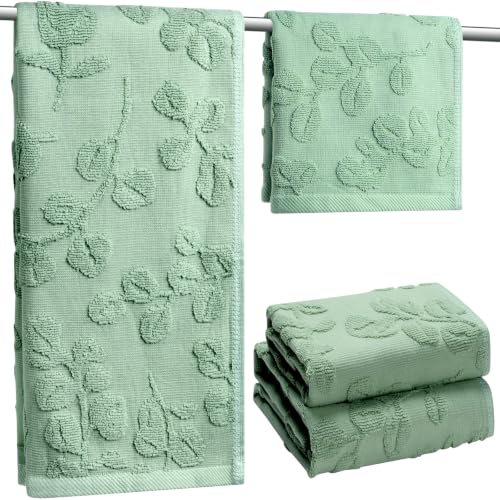 Eucalyptus Leaves Towels Set of 4,100% Cotton 2 Hand Towels,2 Washcloths | Soft Absorbent Sage Green Jacquard Decorative Towel for Spring Summer Holiday Home Bathroom Kitchen Decor Gift - color: Sage Green Set