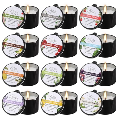 12-Pack Massage Candle Set - Low Temperature Soy Wax Melts into Silky Smooth Massage Oil, 1oz Aromatherapy Candles for Couples, Home Spa, Relaxation & Romantic Gifts (12 Scents) - color: 12Pack-Massage